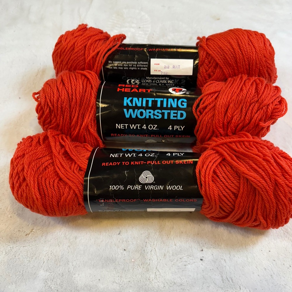 Vintage Red Heart 100% Virgin Wool Yarn Rust 282 Lot of 3 4oz Skeins 4 Ply 7962